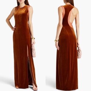Galvan London Velvet Dusk Crescent Cut Out Gown Size 8 NWT Cognac